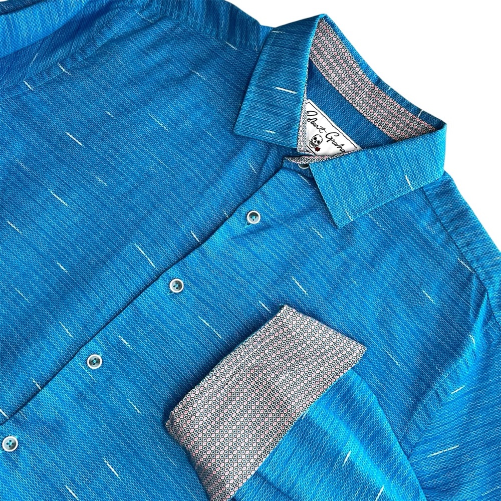 Robert Graham Brixton Blue Linen Cotton Button Down Shirt Mens Large Flip Cuff